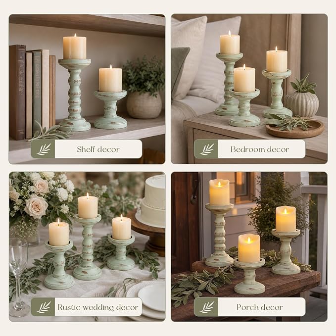 Candeldo Wooden Candle Holders Pillar: Sage Green Candlestick Holders Table Centerpiece Vintage Rustic Farmhouse Shabby Chic Decor for Fireplace Mantle