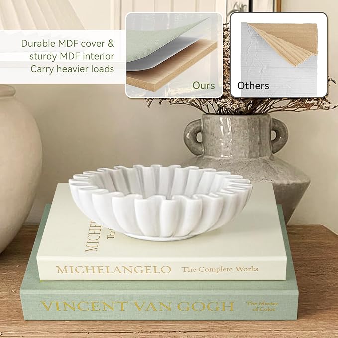 1DOT2 Aesthetic Decorative Books -Set of 2 Minimalist Linen Hardcover Faux/Fake Books for Coffee Table Home Decor Living Room Decoration, Photo Storage or as a Keepsake Box(Sage-beige-artist)