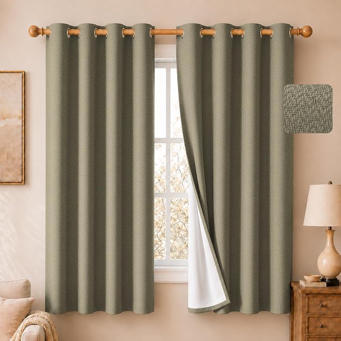 2 Panels 100% Blackout Linen-Textured Curtains, Thick Thermal Insulated Grommet Drapes with Subtle Herringbone Weave, Luxury Decor for Bedroom/Living Room, 54 x 63 Inches, Taupe