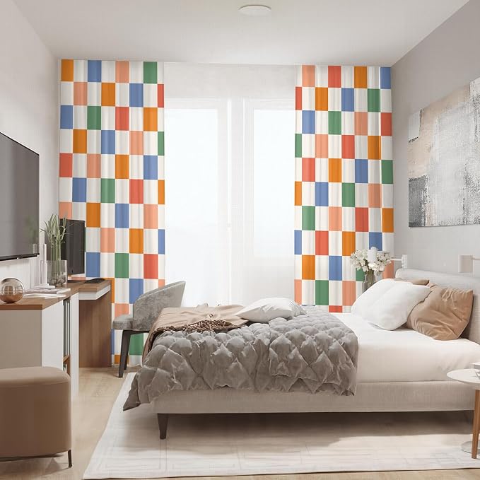 Colorful Checkered Curtains for Bedroom,Rod Pocket 60s 70s Semi Sheer Curtains Farmhouse Retro Checkerboard Light Filtering Drapes for Living Room,Set of 2 Window Curtain Panels,52 x 84 Inch