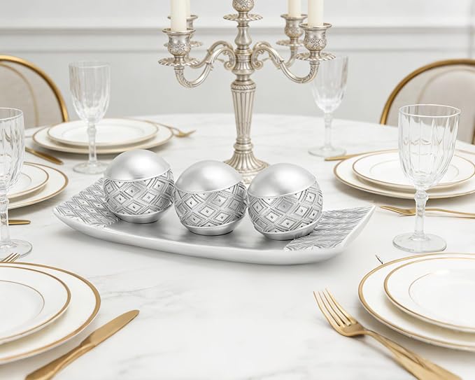 Silver Decorative Orbs with Tray Set, 3Pcs Resin Decorative Balls with Tray, Modern Accent Sphere for Coffee Table, Dining Table, Living Room, Entryway