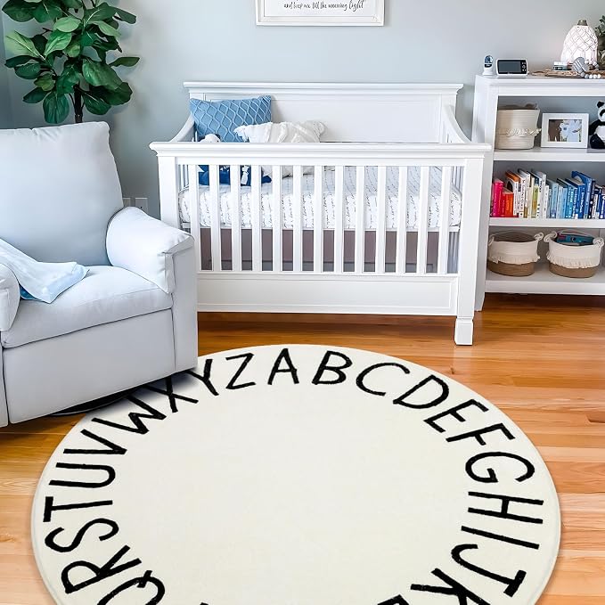 Topotdor Round Kids Play Rug Alphabet Nursery Area Rug Extra Large Soft Crawling Play Mat for Children Toddlers Bedroom (96 inch, White)