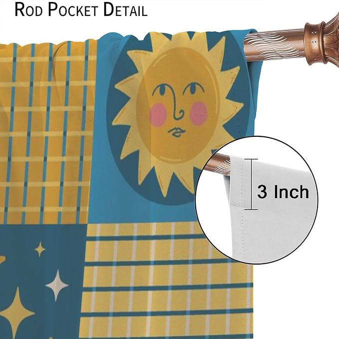 Retro Bohemian Plaid Blackout Curtains, Boho Sun Moon Stars Art Rustic Farmhouse Window Drapes, for Living Room Bedroom 42" W X 54" L