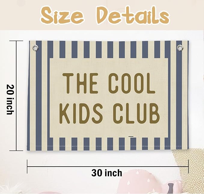 RTXLEZM Boys Room Decor, The Cool Kids Club Canvas Banner | Retro Preppy Navy Blue Striped Wall Hanging for Kids Toddler Boys Nursery Room Bedroom Playroom Decor, 20x30 Inch