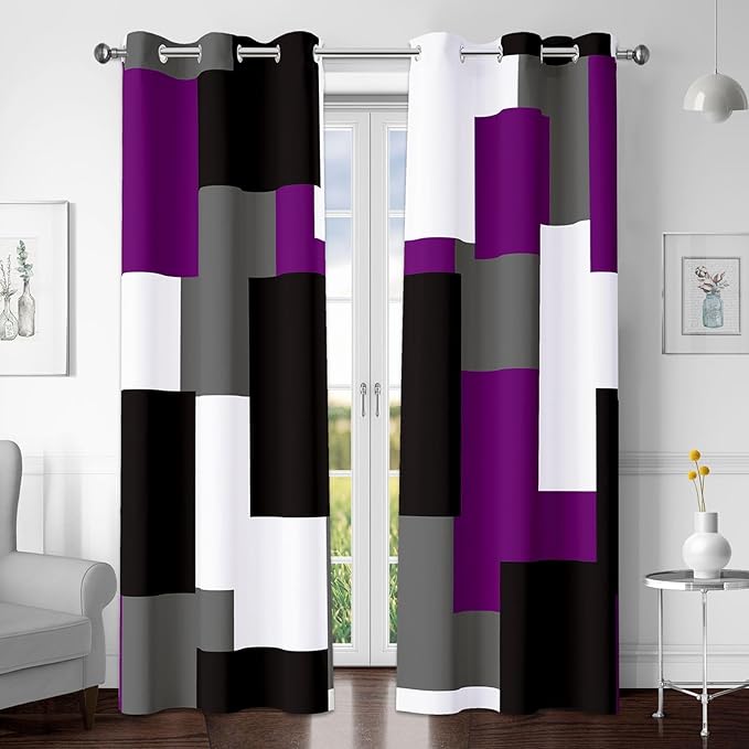 Tyrot Purple 100% Blackout Curtains for Bedroom 63 inch Length 2 Panels Set Black Grey Modern Abstract Geometric Black Out Curtains Insulated Room Darkening Window Drapes for Living Room, 42Wx63L