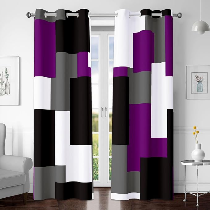 Tyrot Purple 100% Blackout Curtains for Bedroom 72 inch Length 2 Panels Set Grey Modern Abstract Geometric Black Out Curtains Thermal Insulated Room Darkening Window Drapes for Living Room, 42Wx72L