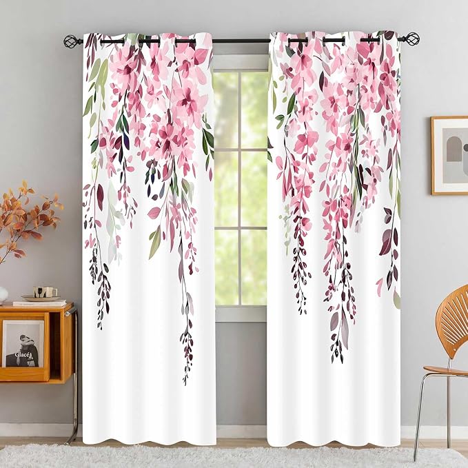 Pink Watercolor Floral Curtains, Botanical Leaves Vine Flowers Curtain, Rustic Farmhouse Flower Leaf Blackout Window Treatment Drapes for Bedroom Living Room 52x72 inch, 2 Panels