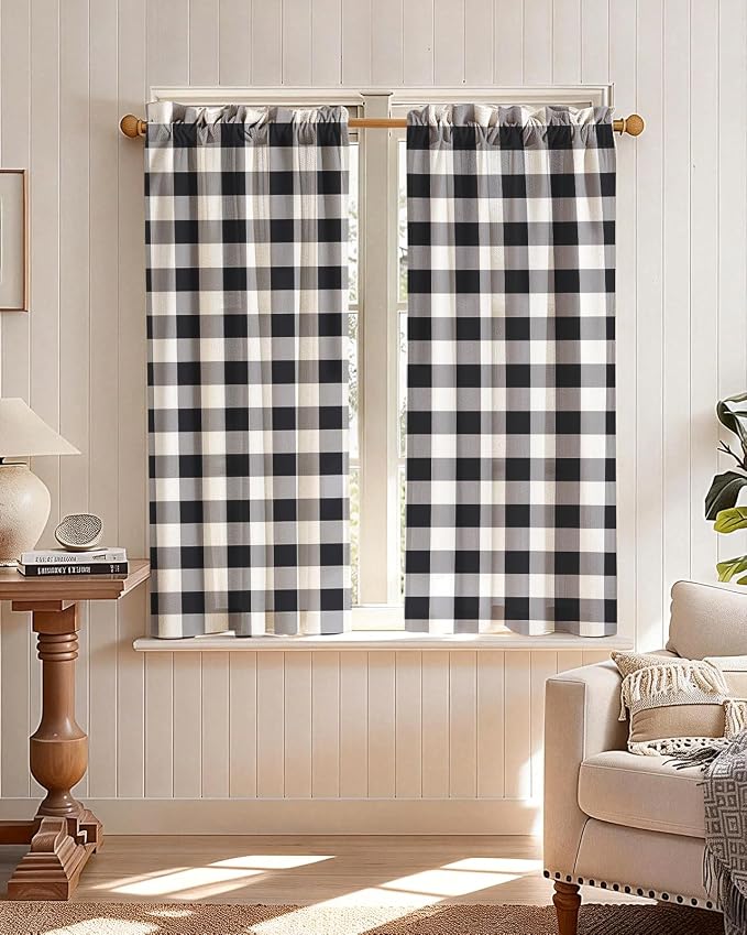 Miss Adola Farmhouse Kitchen Tier Curtains - 45 Inch Length Linen Blend Cafe Curtains Plaid Checkered Small Window Treatments Over Sink Rod Pocket for Bathroom Living Room Light Filtering, 2 Panels