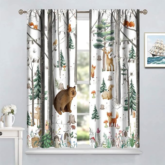 YCness Kid Forest Woodland Animal Fox Elk Bear Watercolor Print Curtains for Nursery Bedroom Living Room, Rustic Wild Animal Window Drapes 2 Panel Set, 52x84 Inch