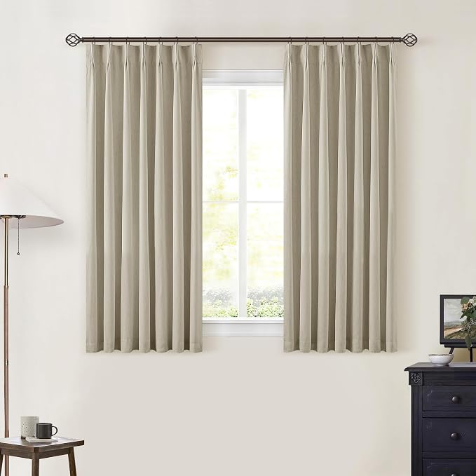 Greyish Beige Linen Blackout Curtains 45 Inch Length 2 Panels Pinch Pleated Back Tab Short Curtains for Kitchen with 100% Blackout Liner Neutral Farmhouse Drapes for Basement Thermal Insulated Drape