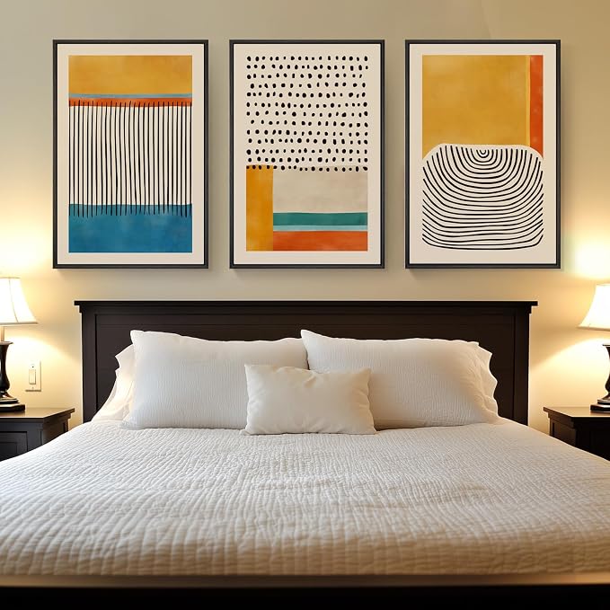 Large Framed Colorful Abstract Wall Art for Living Room, 3 Piece Mid Century Modern Canvas Paintings Prints Artwork for Walls, Yellow Pictures Wall Decor for Bedroom Home Office Hallway, 20x30 Inch