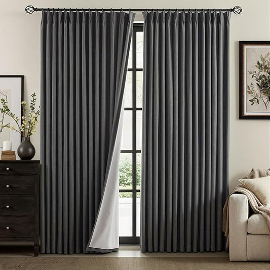 IVAPUPU Linen Pinch Pleated Blackout Curtains for Bedroom - Full Black Out Grey Curtains 90 Inch 2 Panels Set for Living Room Darkening Thermal Window Curtain Drapes with 16pc Hooks