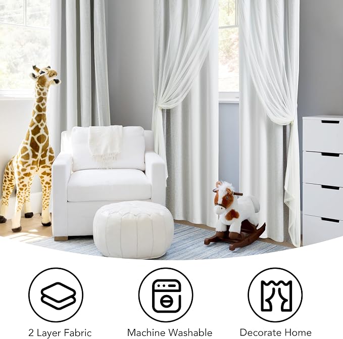 Ombre 100% Blackout Curtains 96 Inches Long 2 Panels for Bedroom Living Room Grey and White Double Layer Sheer Overlay Mix & Match Grommet Thermal Soundproof Drapes with Tiebacks, 52x96