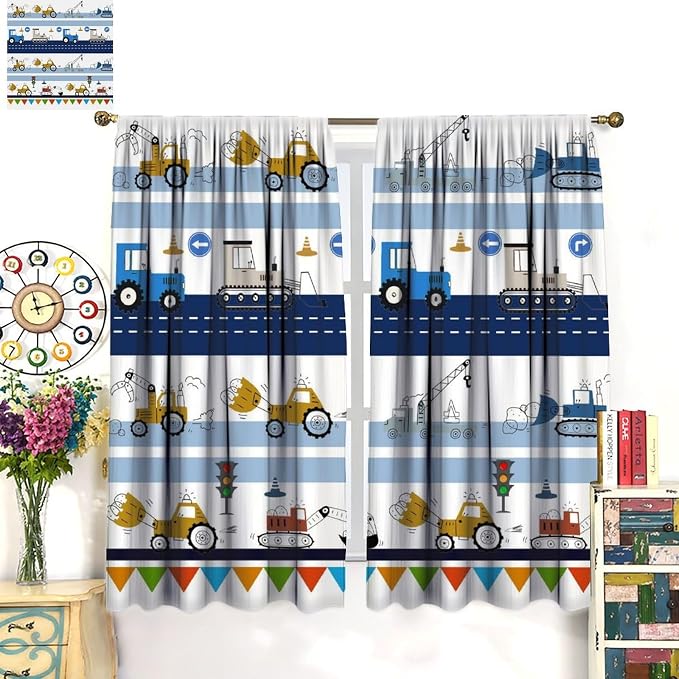 Cartoon Car Window Curtain,Equipment Trucks Excavator Tractor Kids Boys Home Decor Rod Pocket Bedroom Cafe Dining Room Living Room Kitchen Office Nursery Drapes, 84x84 in