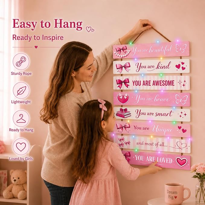 Cute Pink Bow Room Decor Set of 8 with Led Light for Teen Girls Kids Toddler, Preppy Inspirational Bow Wood Nursery Wall Decor for Dorm Bedroom, Dreamy Cozy Chic Motivational Princess Room Decor