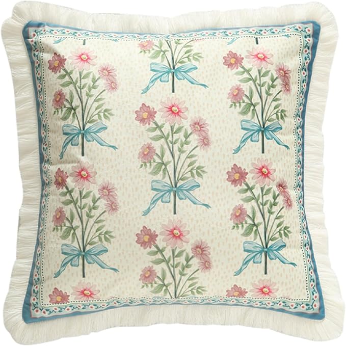 patdrea Designer French Country Velvet Throw Pillow Cover 18x18 inches,Elegant Blue Pink Small Floral Pattern,Decorative Square Pillowcases Cushion for Bed Living Room Outdoor Car