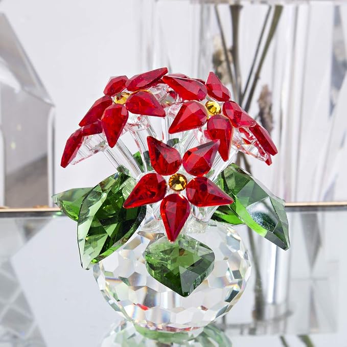 Red Crystal Poinsettia Flower Figurine Christmas Table Centerpiece Decor | Glass Craft with 6 Blooms Tabletop Centerpiece Home Office Party Decor Collectible Gift for Women Mom