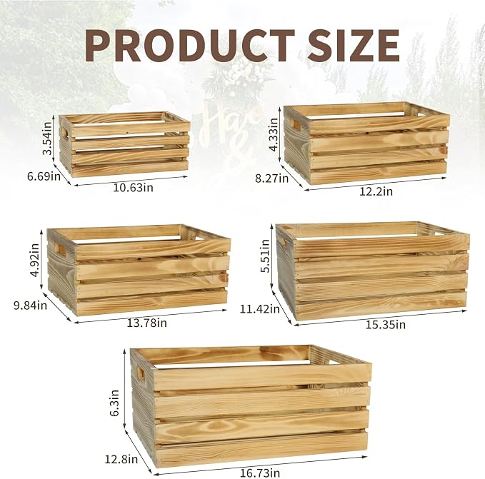 5 Pcs Wooden Crates for Display, Nesting Wood Crate for Storage, 5 Size | Farmhouse Weddings Wooden Basket for Storage Container and Decorations, Rustic Wood Crates for Farmers Market, Birthday, DIY