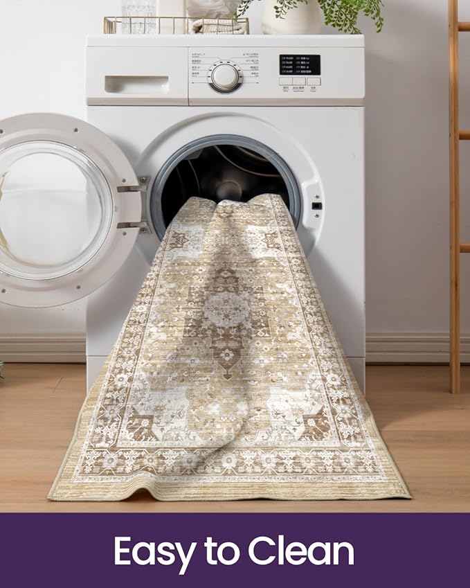 DEXI Hallway Washable Runner Rug 3x12, Vintage Soft Thin Kitchen Runner with Non Slip Backing, Farmhouse Entryway Floor Rug, Stain Resistant Distressed Carpet for Bedroom Living Room, Beige
