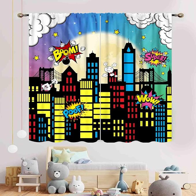 Super City Hero Curtain, Comic Style Cityscape Skyline Buildings Cartoon Window Curtains for Boys Kids Teens Baby Room Bedroom Living Nursery 2 Panel Sets, 55"x63" Inch
