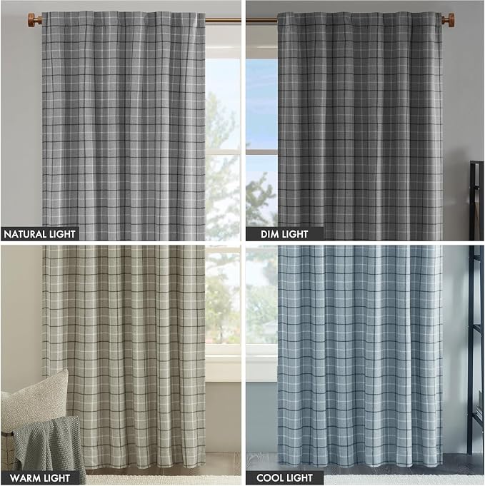 Madison Park Anaheim Cabin Plaid Curtain Window, Thermal Insulated Fleece Lining, Living Room Decor Room Darkening Drape for Bedroom, 1-Single Panel Pack, 50x108, Rod Pocket & Back Tab, Grey