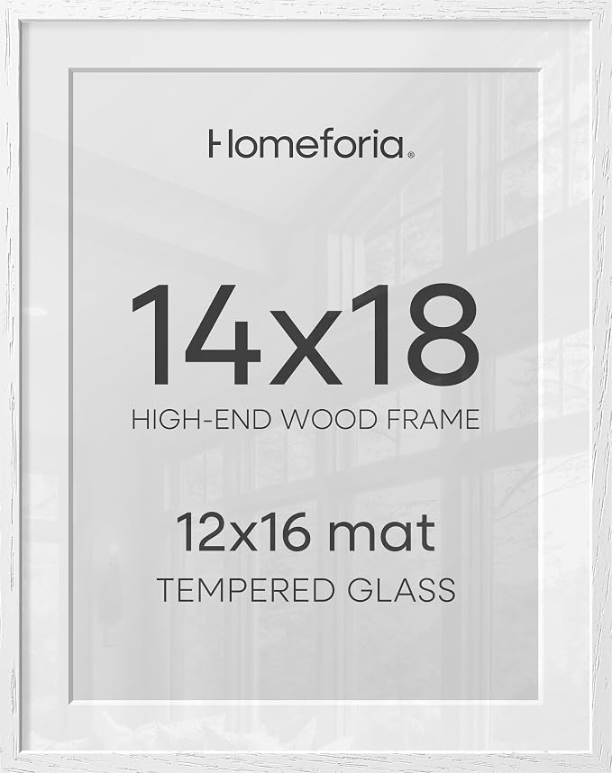 Homeforia 14x18 White Picture Frame, High End Oak 14x18 White Wooden Poster Frames with Mat 12x16 for Print, 14 x 18 Wood Frame Matted to 12 x 16 Photo, 18x14 Frame, Tempered Glass, Wall Kit, Set of 1