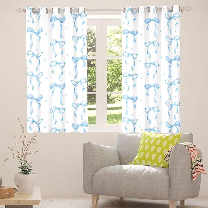 Feelyou Girls Bow Curtains for Bedroom Living Room Blue Bowknot Blackout Darkening Drapes Coquette Aesthetic Window Treatments, 2 Panels 52 x 96 Inch Kawaii Cute Princess Style Room Decor