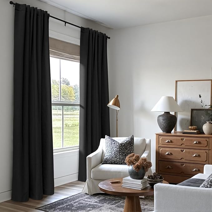 INOVADAY 100% Blackout Curtains 84 Inches Length 2 Panels Set, Back Tab/Rod Pocket Linen Black Out Curtains for Bedroom, Thermal Insulated Window Drapes - Black, W50 X L84