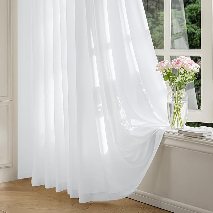 FMFUNCTEX Sheer Non-See-Through White Curtains for Bedroom, Sliding Door Curtains 96 Inches Long Privacy Window Curtain Drapes for Living Room, Patio Glass Door Extra Wide Curtain, Rod Pocket 1 Panel