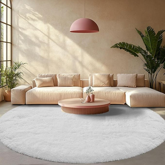 Round Area Rug for Living Room: White Shag Rugs for Bedroom- 8x8 Feet Fluffy Round Rugs for Living Room- Shag White Rugs Soft Plush Indoor Carpets for Bedroom, Nursery, 8ft