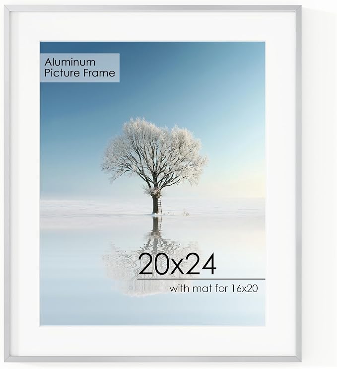 20x24 Metal Picture Frame for Wall With Mat for 16x20, 20''x24'' Aluminum Photo Frames With Tempered Glass for Home Decor, Minimalist Modern Poster Frame Horizontal And Vertical Formats, Silver