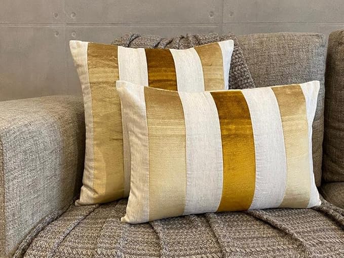 The HomeCentric Striped Decorative Throw Pillow Covers 26" x 26" | Modern Velvet Cushion Cover | Patchwork Gold Pillowcases for Couch, Sofa, Bed, or Living Room - Velvet Band Gold