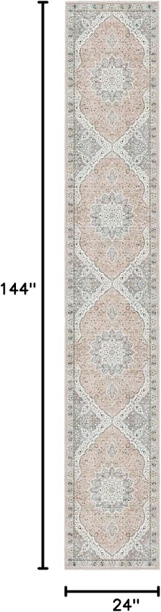 Madane Washable Runner Rugs 2x12 Long for Hallway Kitchen Long, Pink/Gray | Non-Slip Vintage Printed 12ft Rug Runners with Rubber Backing, Low-Pile Floor Carpet Laundry Room Entryway, Corridor