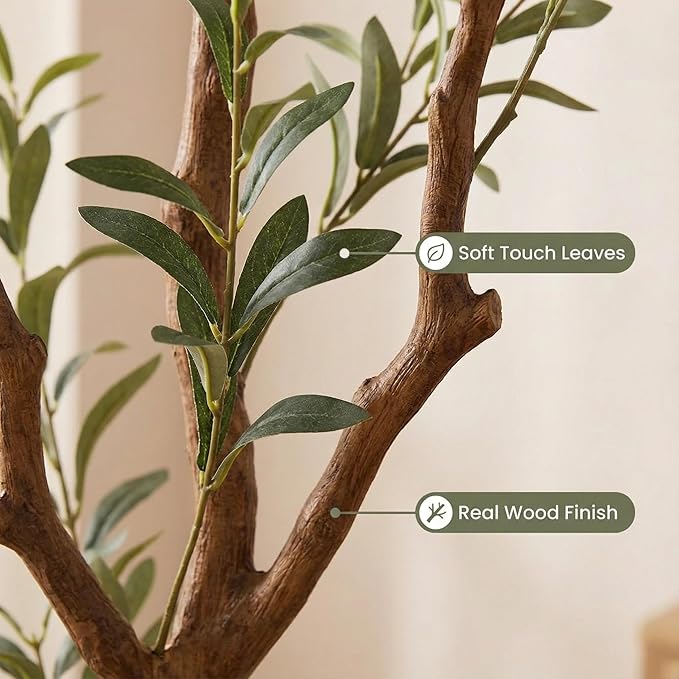 6FT Artificial Olive Tree with White Planter,Silk Fake Plants with Three Thick Trunk and Lifelike Fruits,Indoor Outdoor Fake Large Tree for Home Office Living Room Decor