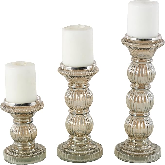 Deco 79 Glass Handmade Decorative Candle Holder Turned Style Pillar Candle Stand, Set of 3 Candlestick Holder 6", 9", 12"H, Gray