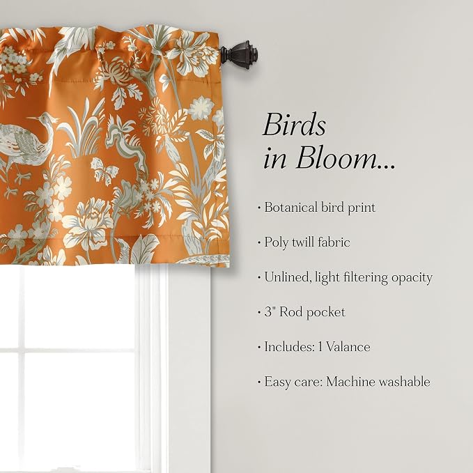 Lush Decor Dolores Light Filtering Valance Curtains Single, 52" W x 18" L Orange - Valances for Windows - Vintage Valance Floral - Coquette Decor
