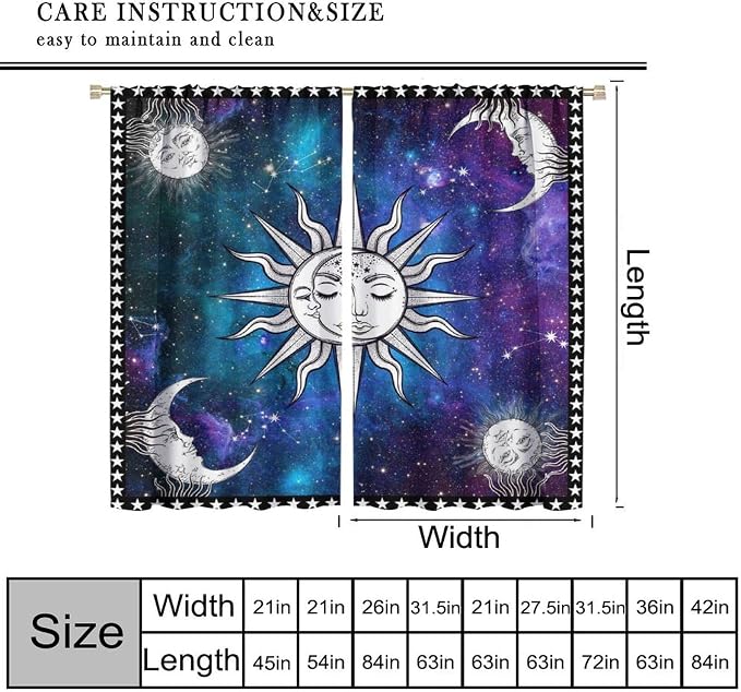 Sun Moon Blackout Curtains, Abstract Bohemian Cosmos Night Sky Galaxy Moon Sun Window Drapes, for Bedroom Living Room 42" W X 45" L