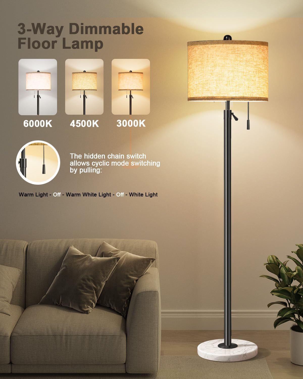 Floor Lamp for Living Room - Adjustable Height Standing Lamp with Marble Base & Linen Shade - Tall Pole Floor Light with 3 Color Temperatures Bulb for Bedroom, Reading - Easy Assembly