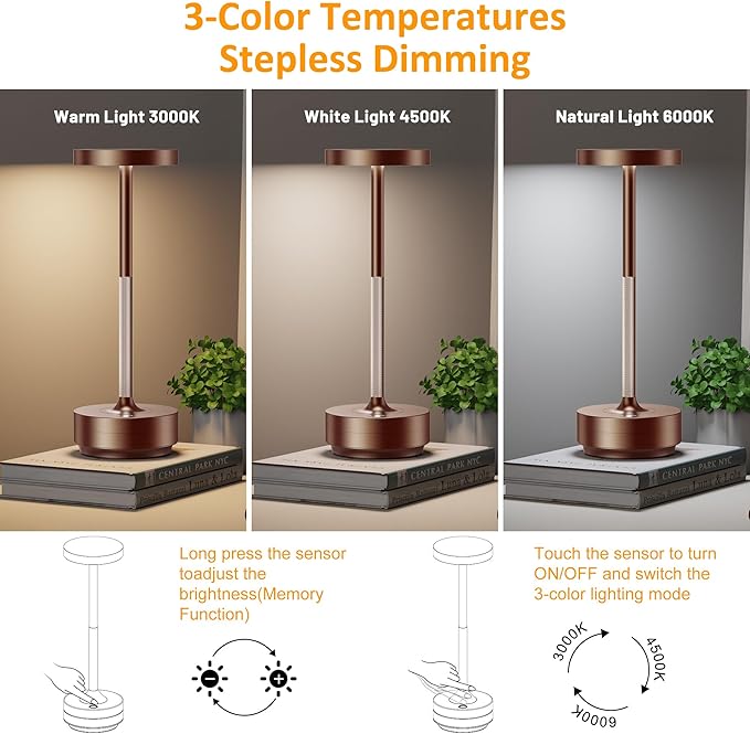 SAKRINGT 2 Pack Rechargeable Cordless Table Lamp - Battery Operated LED Portable Table Light with 3 Color Stepless Dimming, Memory Function - IP54 Waterproof for Outdoor, Restaurant, Patio, Camping