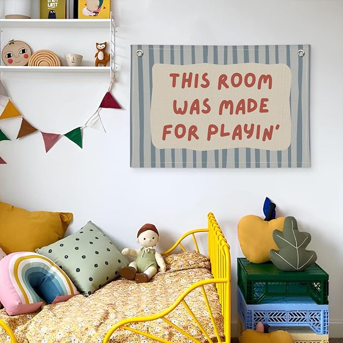 Playroom Decor Wall Banner "This Room Was Made For Playin'" 20x30 Inch - Nursery Canvas Art, Kids Bedroom Hanging, Toddler Play Area Sign, Children's Canvas Flag Decor - Red