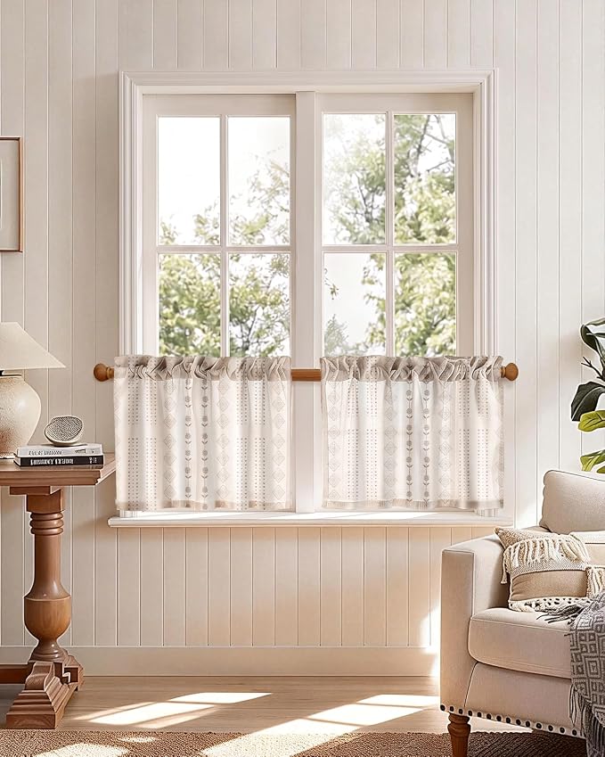 Miss Adola Farmhouse Kitchen Tier Curtains - 18 Inch Length Linen Blend Boho Cafe Curtains Striped Beige Small Window Treatments Over Sink Rod Pocket for Bathroom Living Room Light Filtering, 2 Panels