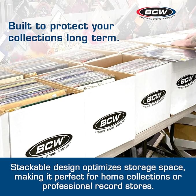 BCW Vinyl Record Storage Boxes – 5 Pack | Holds 65 LPs Each | Stackable Vinyl Record Storage Box with Reinforced Bottom & Handles | Archival Record Organizer for 12-Inch Albums, DJs & Collectors