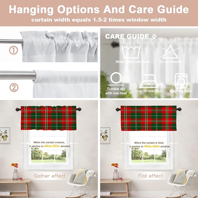 Shrahala Red Green Checkered Blackout Short Curtains for Windows, Red Green Black Yellow Check Plaid Kitchen Valance Thermal Insulated Rod Pocket Window Treatment for Bathroom 2 Pack 52 X 18 in
