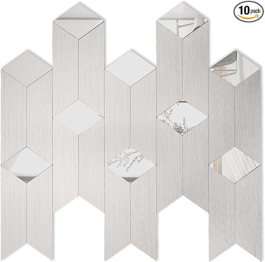 10-Sheets Metallic Mirror Peel and Stick Backsplash Tiles, Stainless Steel Heat Resistant Stick on Wall Tiles for Kitchen, Bathroom, Laundry Room, Camper, Fireplace