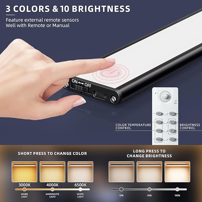 Under Cabinet Lighting,204 LED Wireless Motion Sensor Light Indoor, Rechargeable Closet Lights Battery Operated,Dimmable & 3 Color Temps,Magnetic Under Counter Lights for Kitchen, Closet (60CM,3Pack)