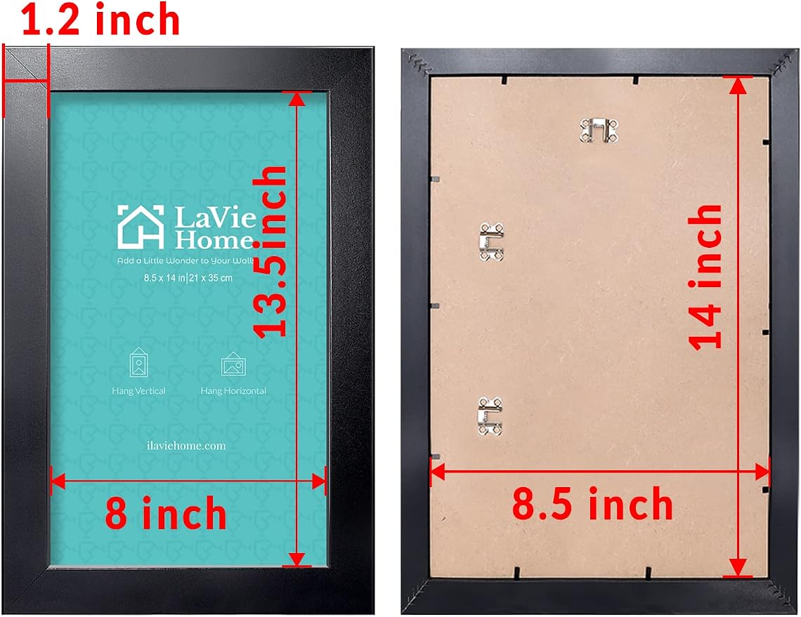 LaVie Home 8.5 x 14 Picture Frame Black, Legal Paper Size Wood Poster Frame with High Definition Plexiglass, Horizontal or Vertical Wall Certificate Frame Suitable for Legal Sized Document, 1pc