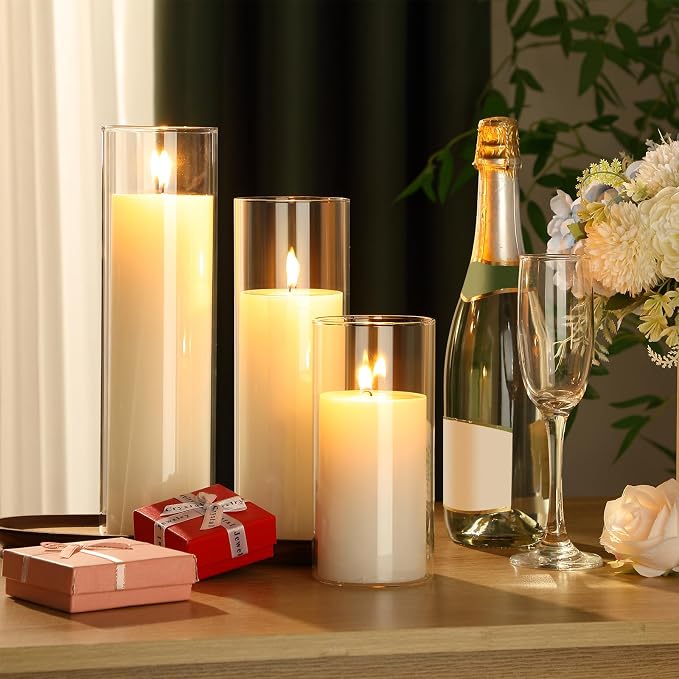 Shihanee Set of 3 Pillar Candles and 3 Glass Cylinder Candle Vases Holders Clear Pillar Jars for Wedding Centerpieces(3.4'' X 7, 9.8, 11.8,White)