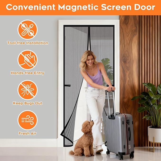Magnetic Screen Door, Screen Door Mesh, Heavy-Duty Mesh Curtain, Door Net Keep Bugs Out, Hands Free Partition, Screen Size 34” × 82”, Fits 32” × 80” Doors, Pet & Kid Friendly, Black