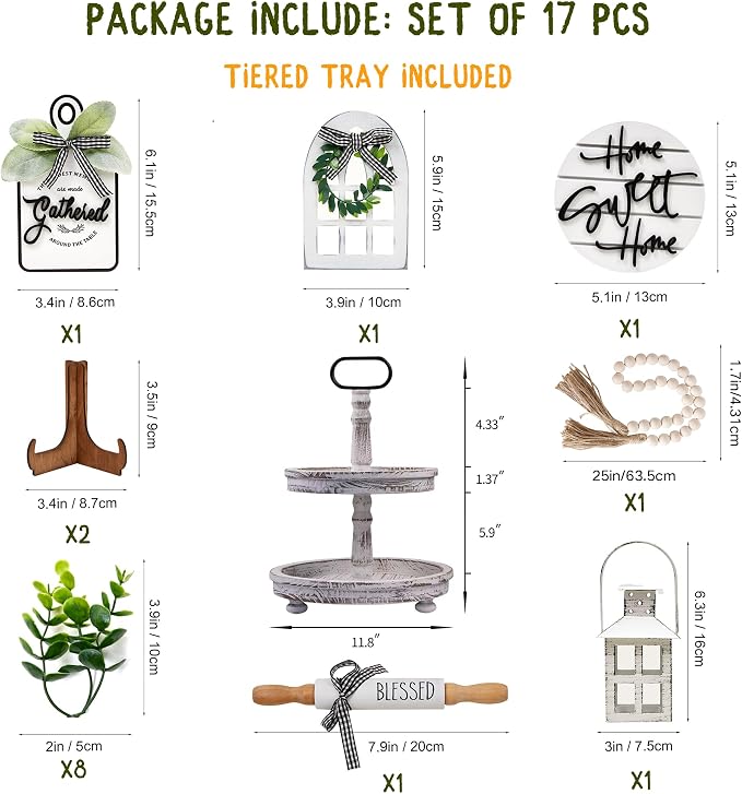 Houmury Set of 17 Farmhouse Tiered Tray with 1 Lantern Artificial Plant& Cutting Board Sign for Rustic Home Sweet Home Kitchen Decor Tier Tray Decor Set