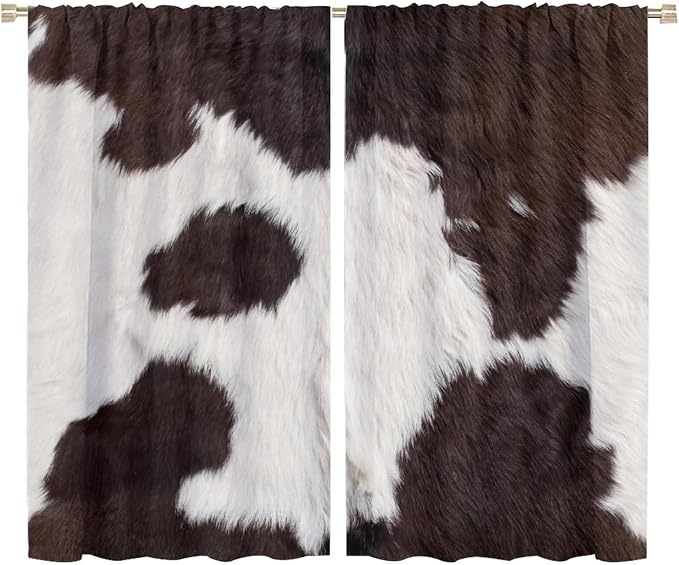 Cow Print Blackout Curtain,Retro Animals Fur Skin Cowhide Farm Style Window Treatments Rod Pocket Curtain for Bedroom Living Room Kitchen Decor Drapes 72x63in